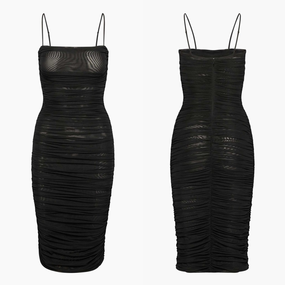 Aritzia Babaton Black Ruched Mesh Midi Dress Square Neck Bodycon Womens 00 EUC